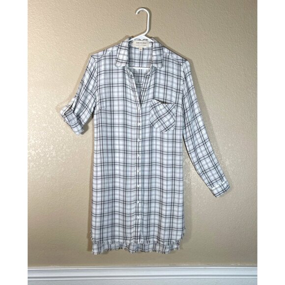 Anthropologie Cloth & Stone Plaid Button-Down Shirt Dress Frayed Hem - Picture 1 of 8